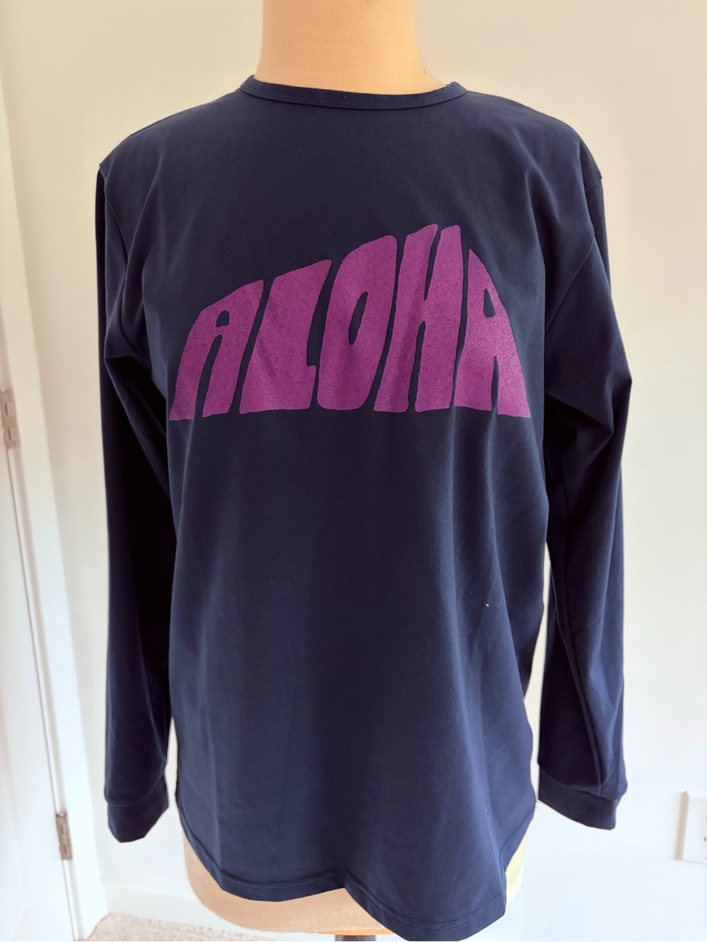 Salvage Public Navy Long Sleeve Tee with Purple "ALOHA" Graphic- Small